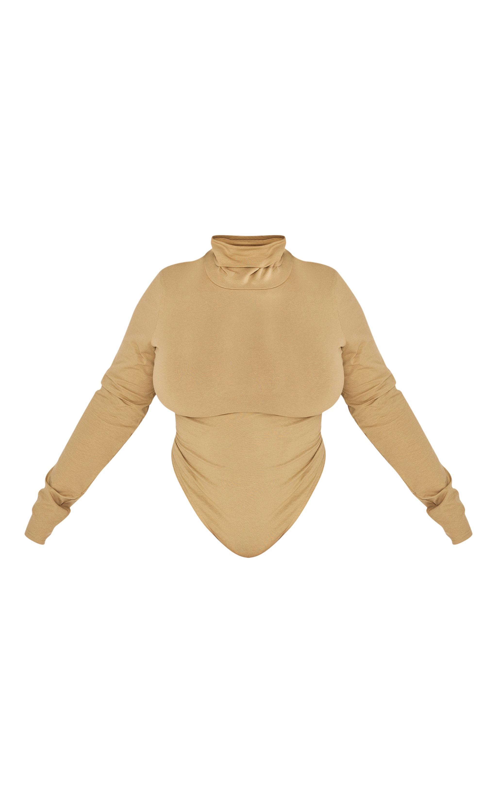 Plus Khaki Cotton High Neck Long Sleeved Bodysuit Product Image