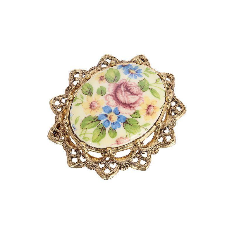 1928 Floral Decal Brooch, Womens, Gold Tone Product Image