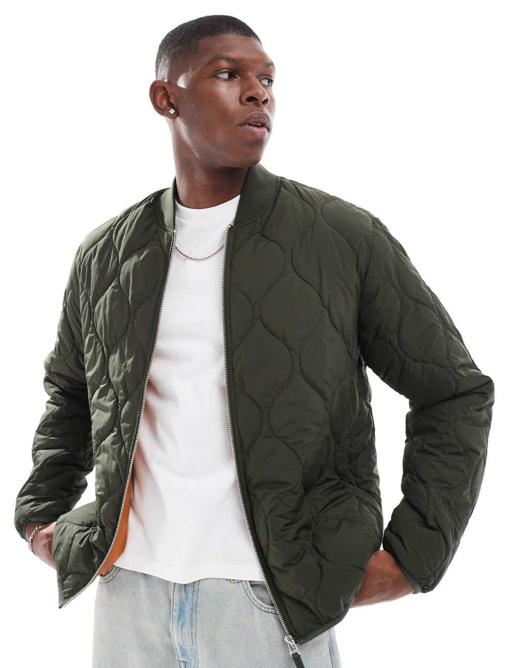 Jack & Jones quilted bomber jacket in khaki Product Image