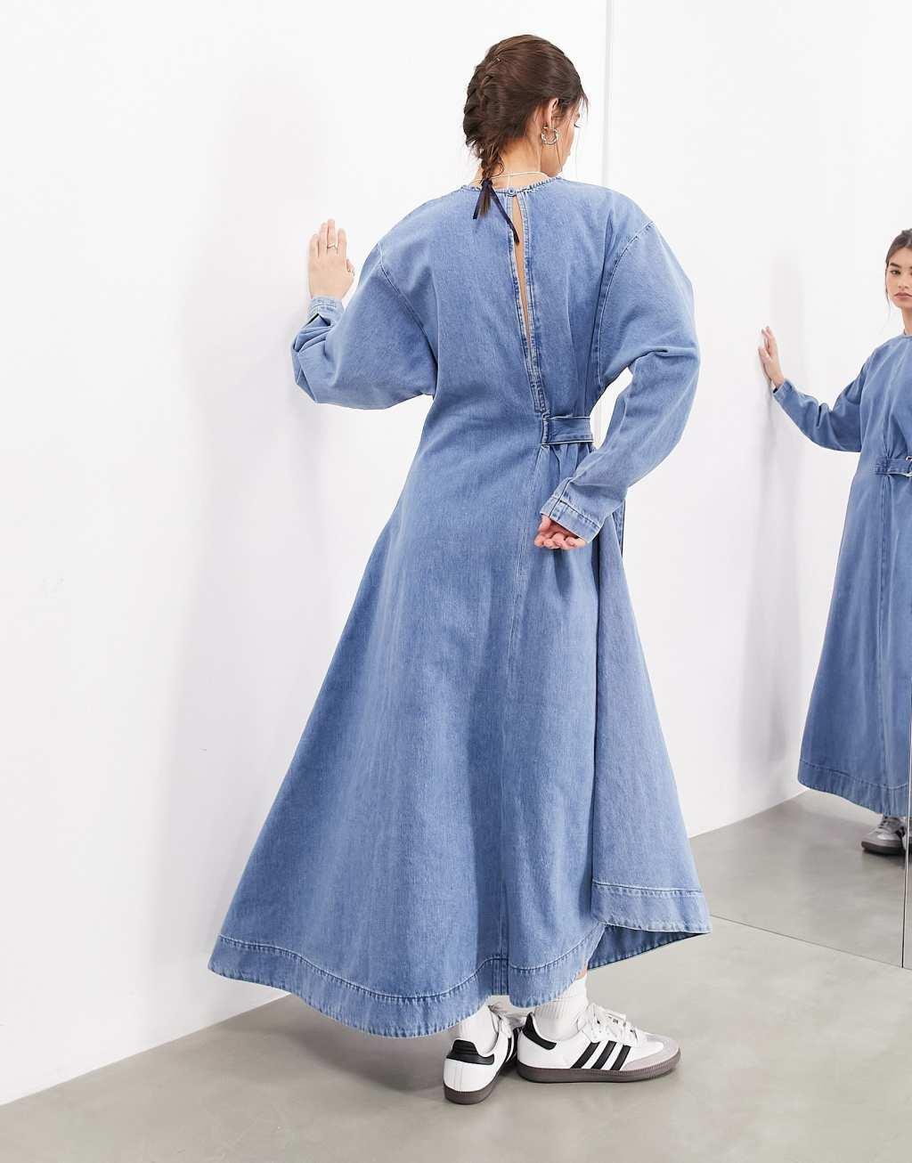 ASOS EDITION denim long sleeve maxi dress with d ring in mid wash blue Product Image