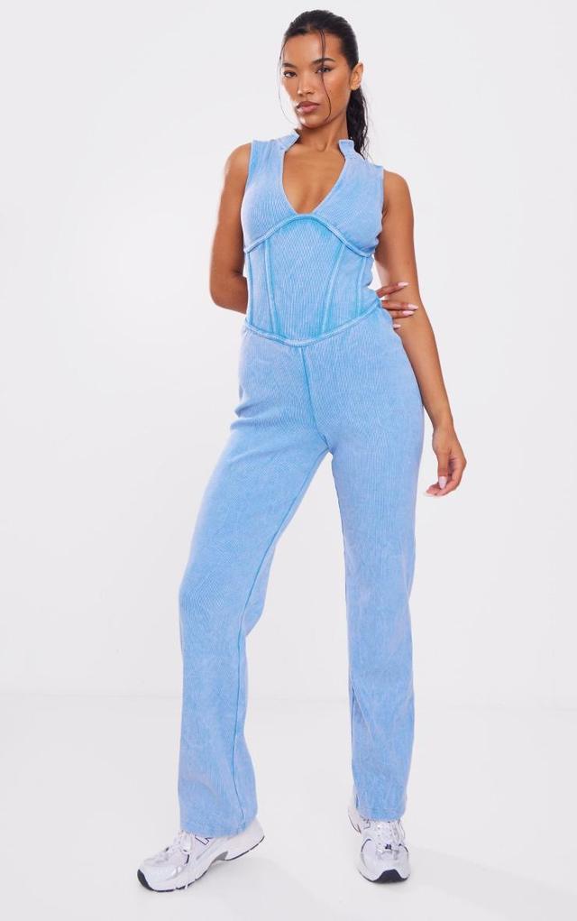 Blue Seam Detail Straight Leg Rib Jumpsuit Product Image