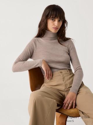 Womens Merino Ribbed Turtleneck Sweater Beige Small UNIQLO US Product Image