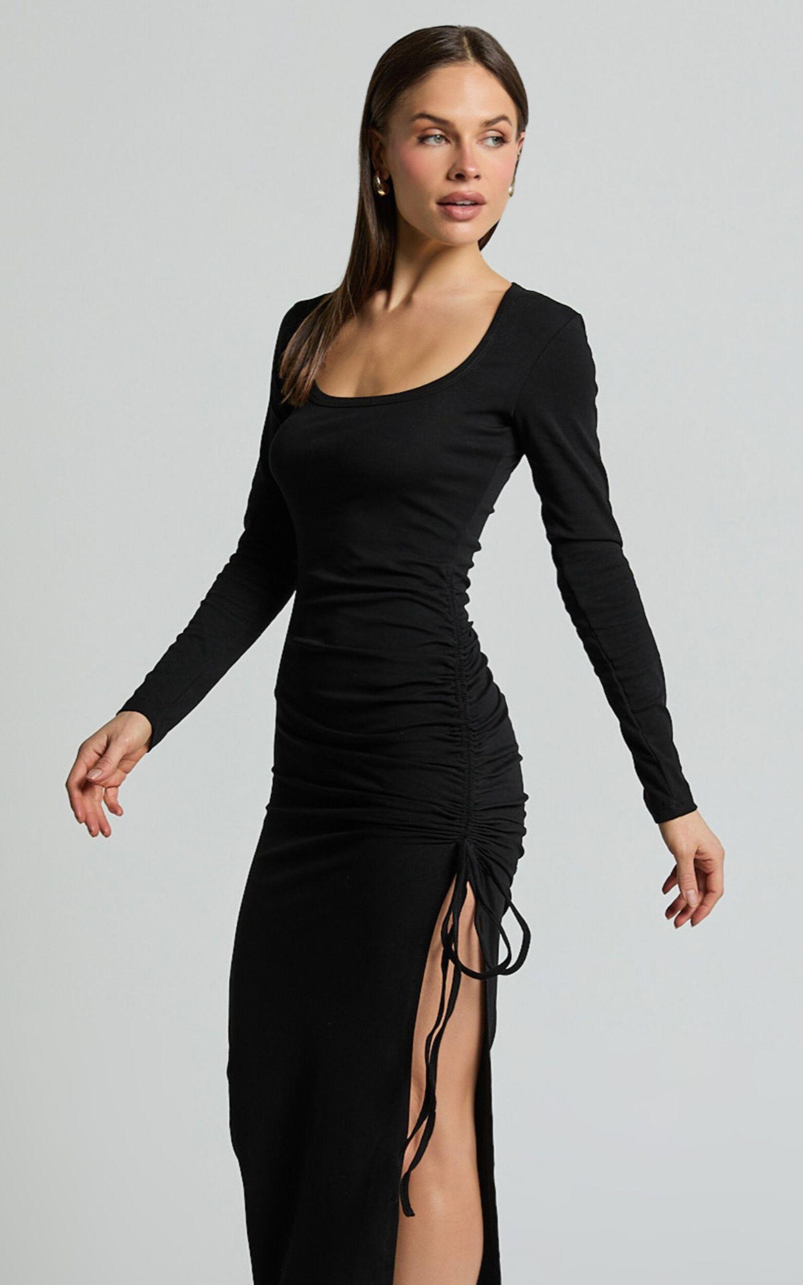 Harlow Midi Dress - Crew Neck Long Sleeve Ruched Side Split Dress in Black Product Image