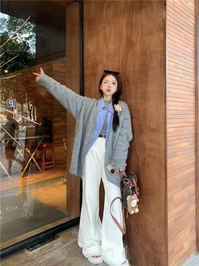 Plain Loose-Fit Cardigan / Shirt / Mock-Neck Top / High-Waist Pants Product Image