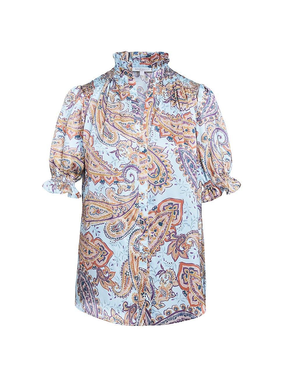 Womens Ruffled Printed Silk Blouse Product Image