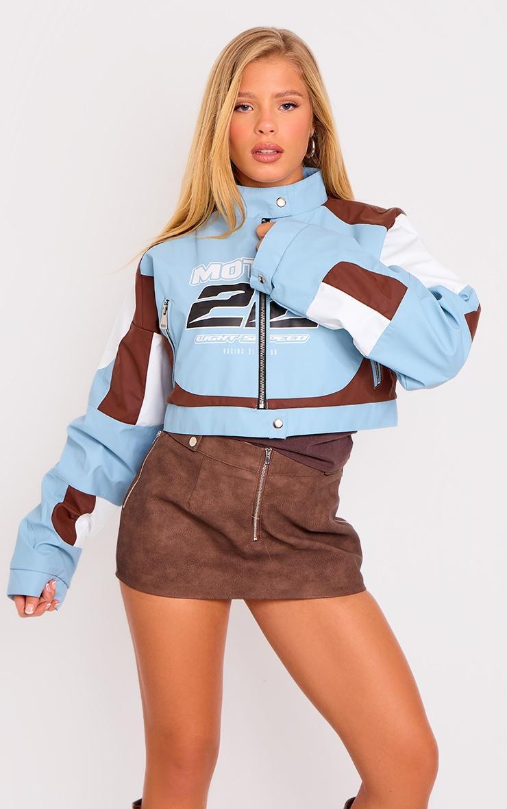 Light Blue Faux Leather Graphic Front Cropped Biker Jacket Product Image