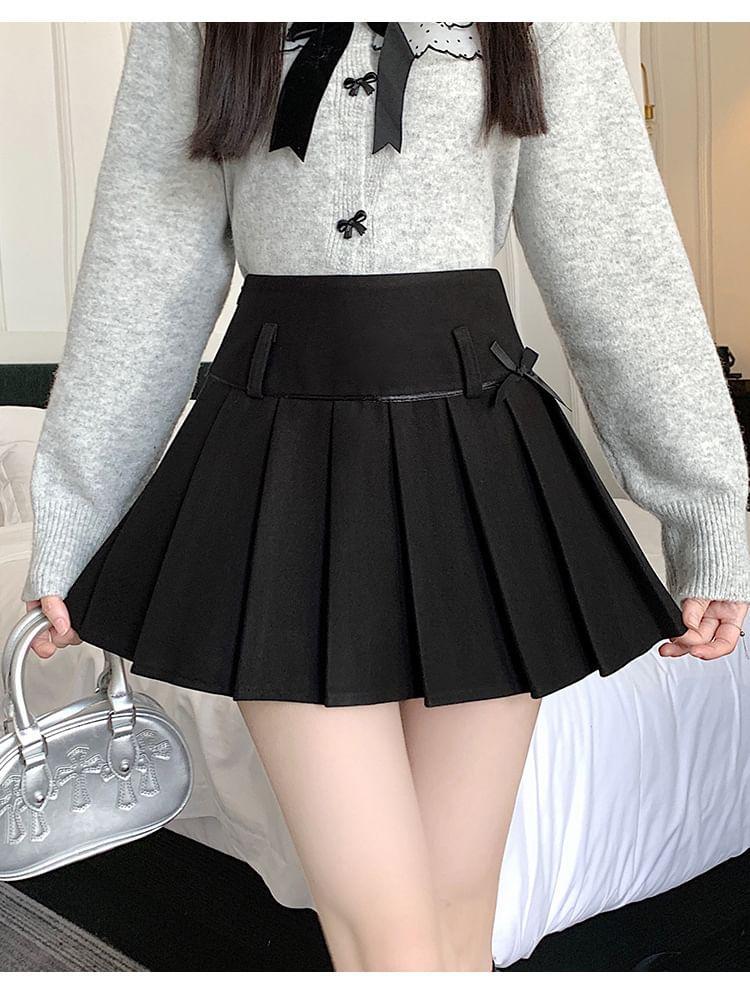 High Rise Bow Pleated Mini A-Line Skirt Product Image