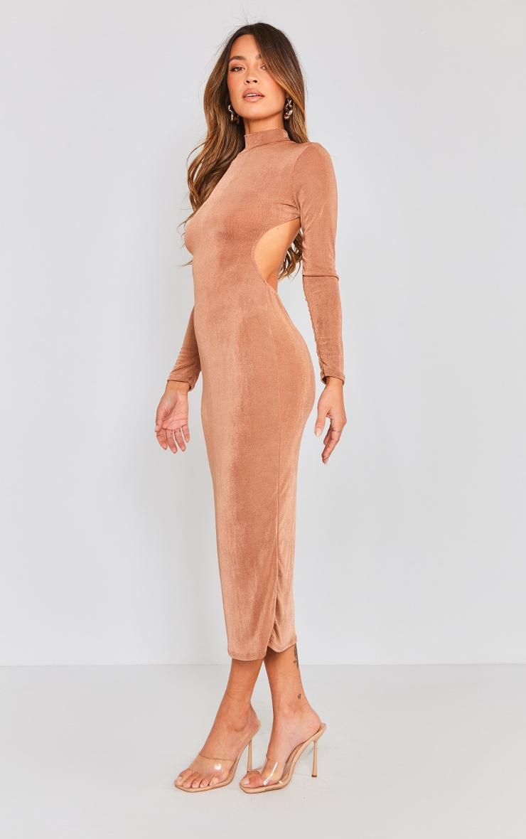 Tan Long Sleeve Open Back Turtleneck Midi Dress Product Image