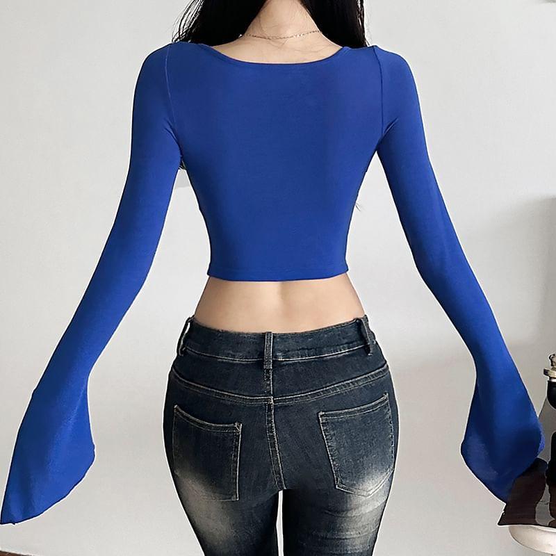 Long-Sleeve V-Neck Plain Crop Top Product Image