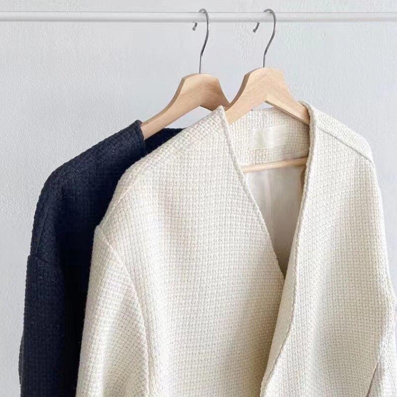 V-Neck Plain Open Front Tweed Jacket Product Image