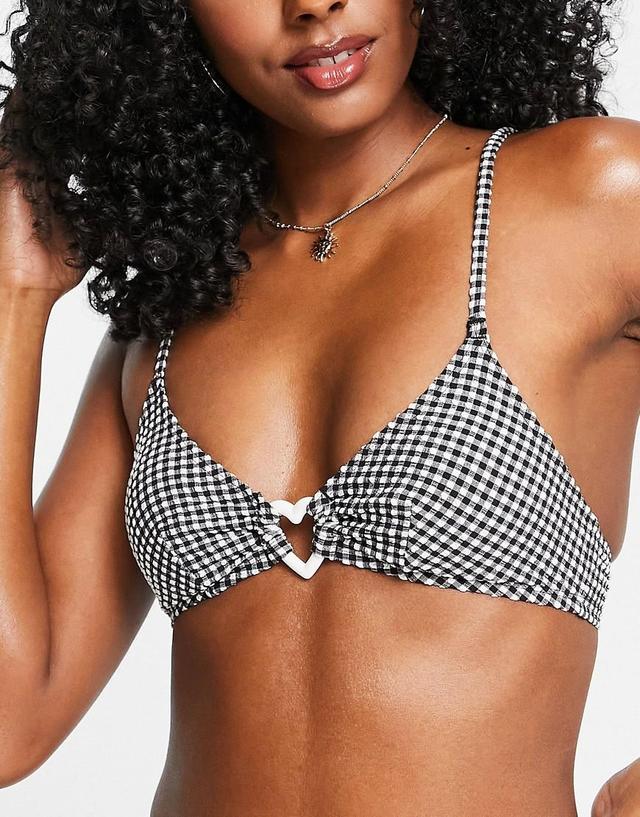 Monki polyester heart ring bikini top in black gingham - BLACK Product Image