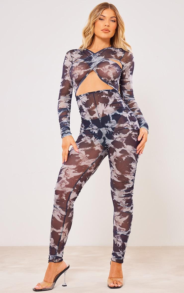 Multi Cross Front Mesh Ruched Jumpsuit Product Image