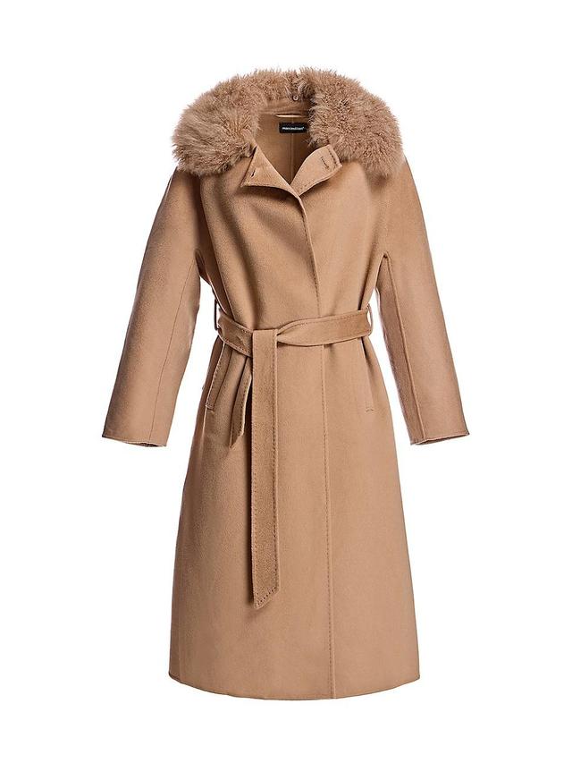 Womens Cashmere Belted Fur Trim Coat Product Image