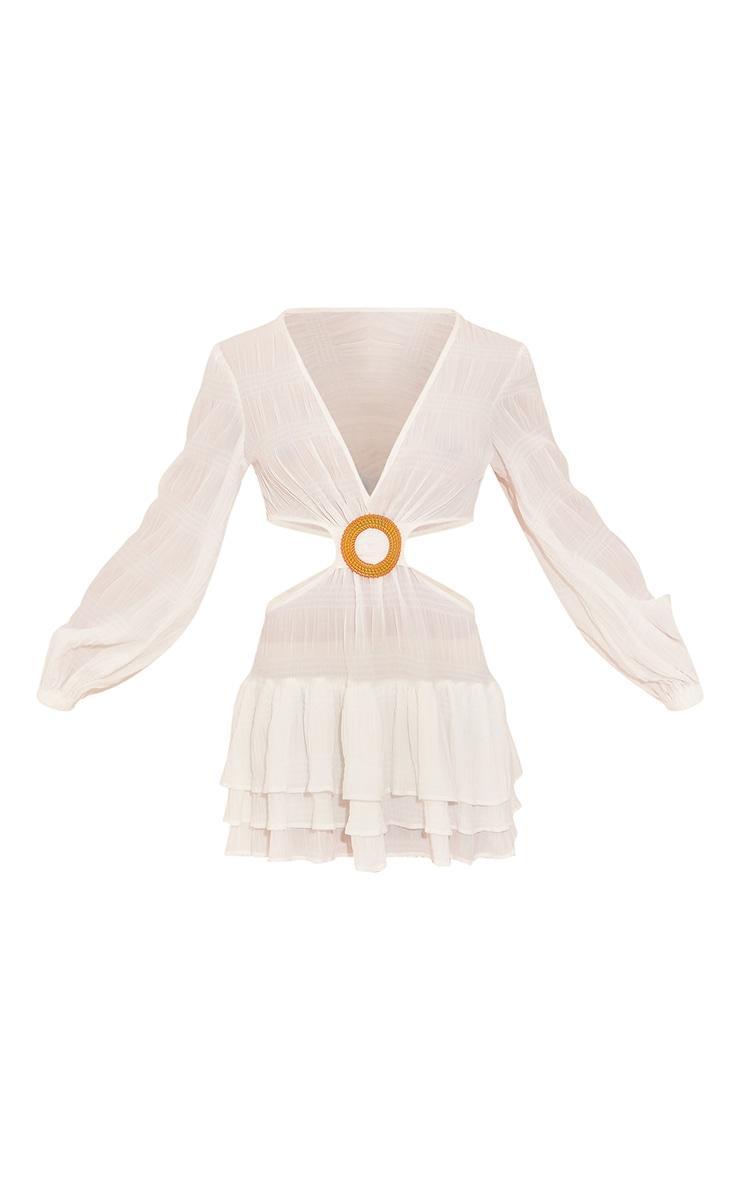 White Textured Tiered Ring Detail Shift Dress Product Image