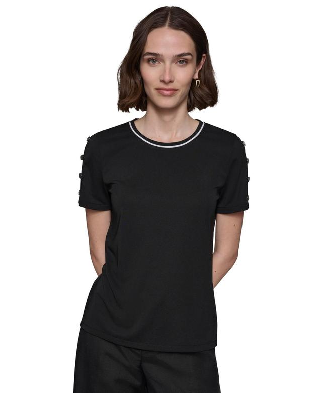 Karl Lagerfeld Womens Tipped Button-Trim Short-Sleeve Top - Blk Product Image