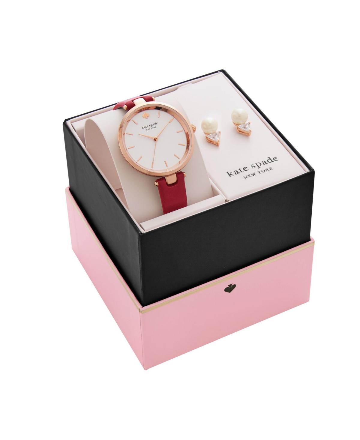 kate spade new york Womens Holland Red Leather Watch and Earring Box Set 34mm Product Image