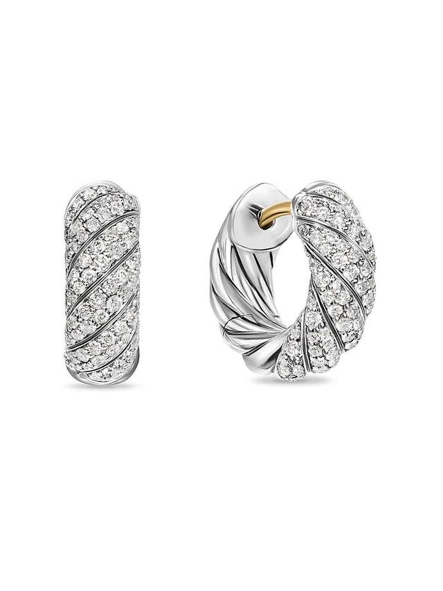 Womens Sculpted Cable Hoop Earrings in Sterling Silver with Diamonds, 14.4MM Product Image