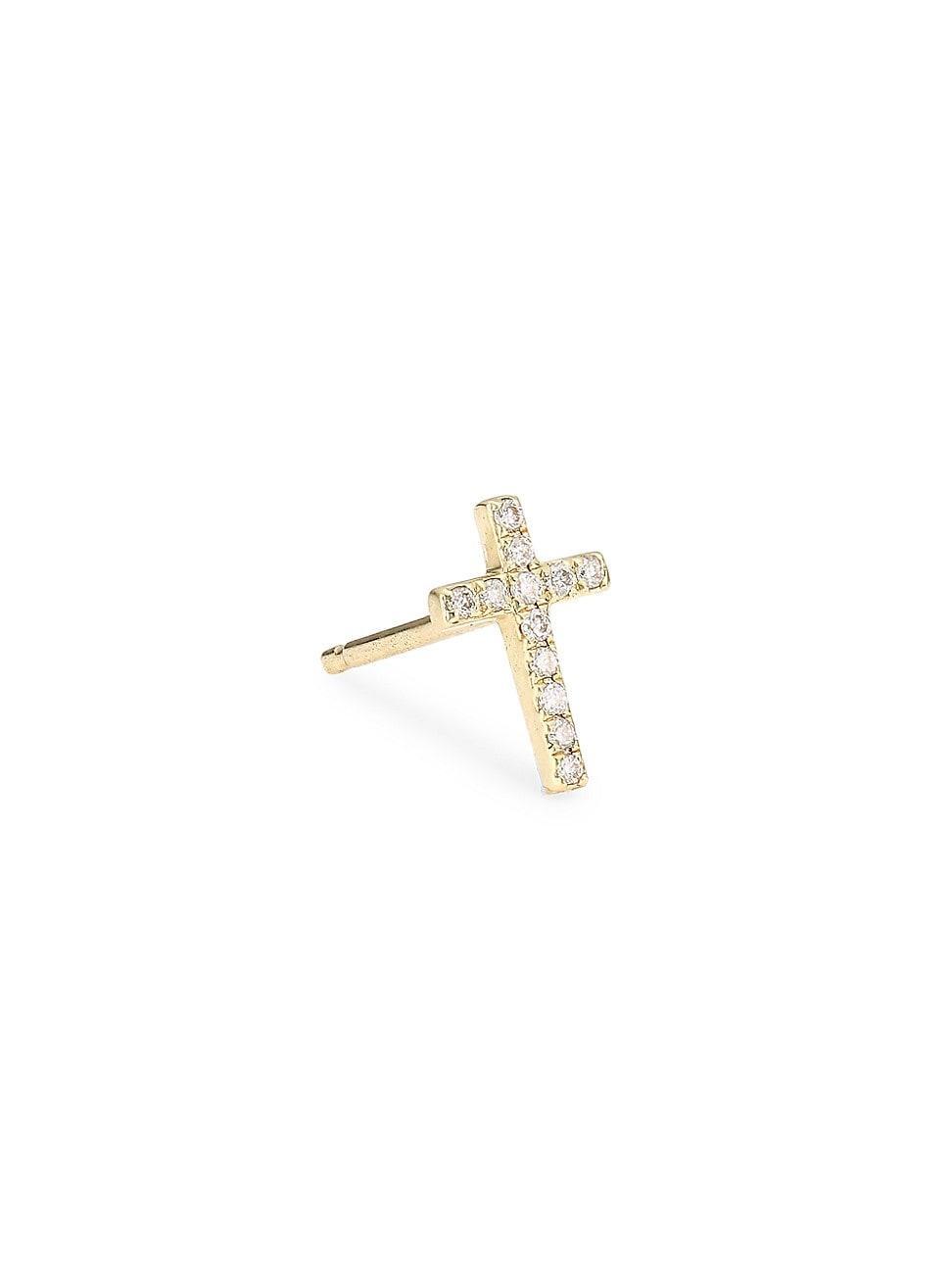 Womens Diamond & 14K Yellow Gold Cross Single Stud Earring Product Image