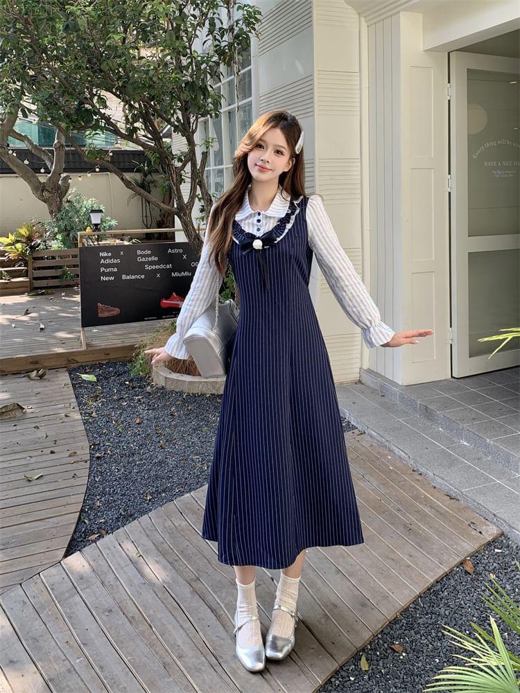 Mock Two-Piece Long-Sleeve Collar Striped Bow Midi A-Line Dress Product Image