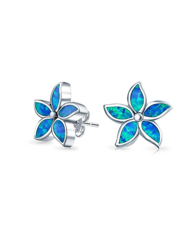 Bling Jewelry Blue Created Opal Inlay Petals Flower Stud Earrings For Women For Sterling Silver Product Image