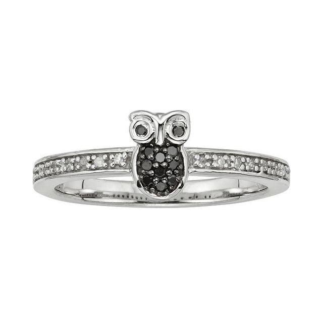 Jewelexcess Sterling Silver 1/10-ct. T.W. Black and White Diamond Owl Ring, Womens Product Image