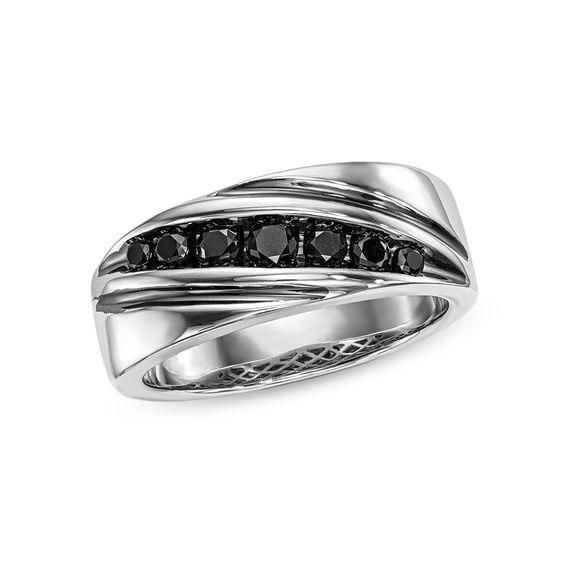 Men's 1/2 CT. T.w. Black Diamond Seven Stone Slant Wedding Band in Sterling Silver Product Image