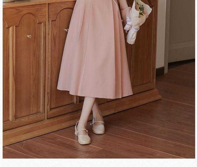 Set: Long-Sleeve Collared Plain Top + High Waist Midi A-Line Skirt Product Image