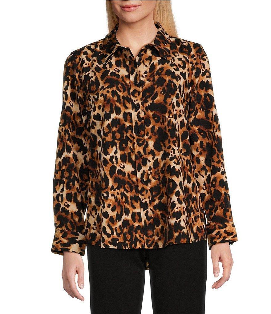 Investments Lovely Leopard Print Woven Long Sleeve Button Front Point Collar Top product image