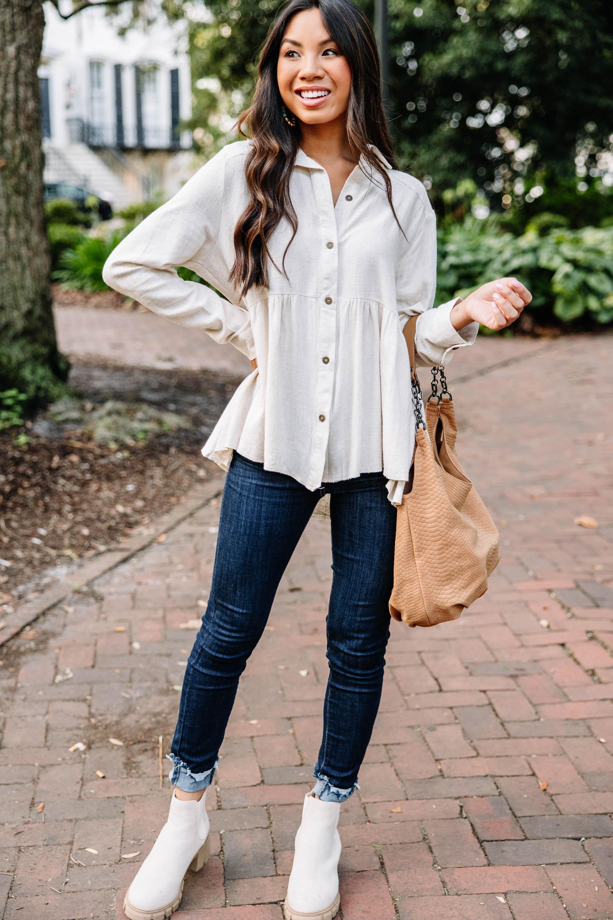 Call On Me Oatmeal White Linen Top Female Product Image