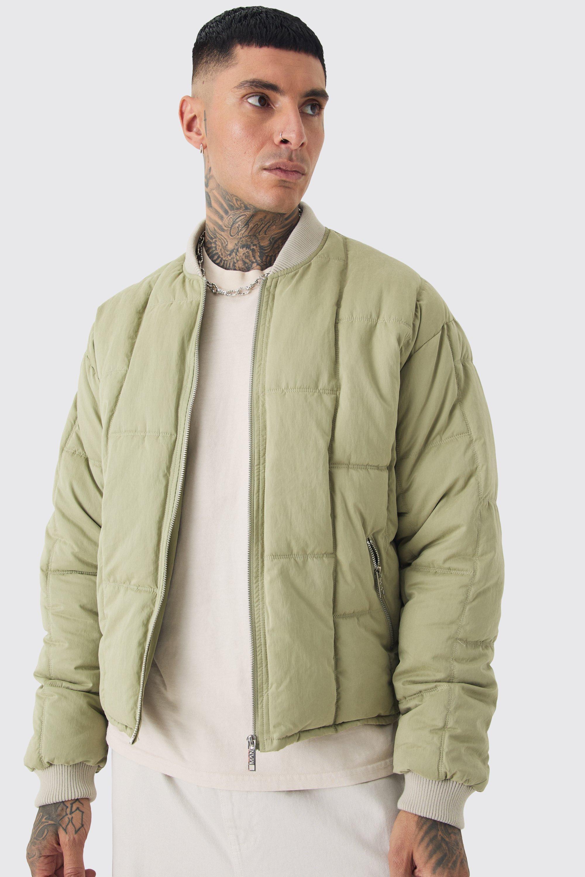 Mens Green Tall Boxy Quilted Bomber Jacket In Sage, Green Product Image