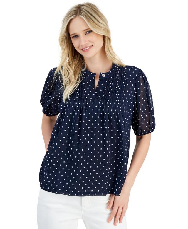 Nautica Jeans Womens Dot-Print Pintuck Short-Sleeve Blouse Product Image