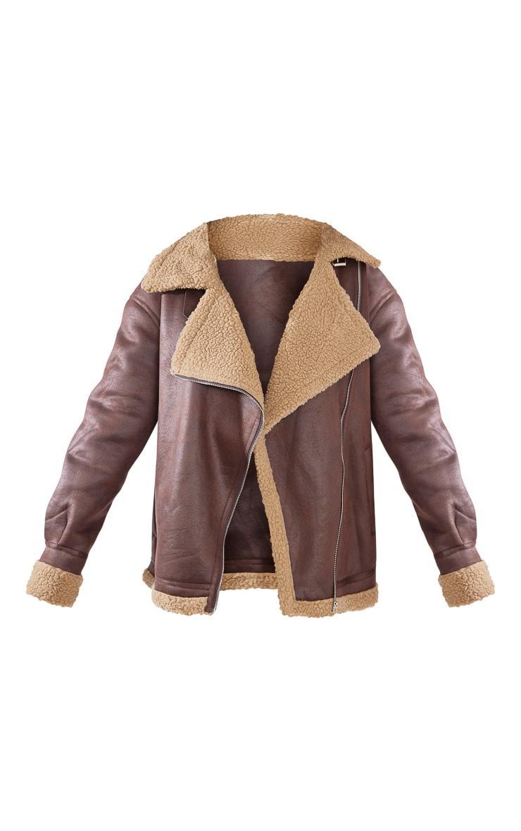 Brown Borg Lined Oversized Buckle Collar Aviator Jacket Product Image