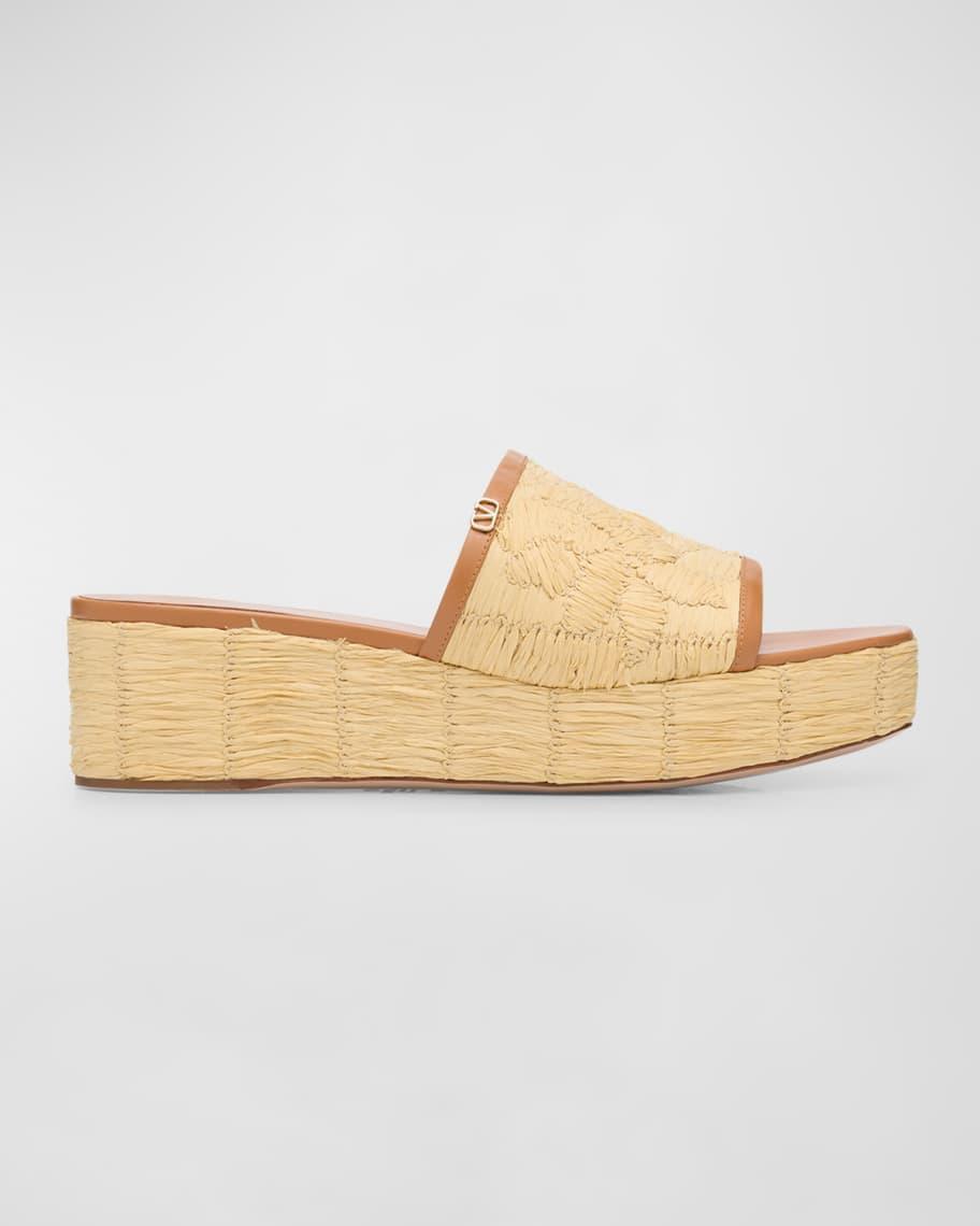 Raffia Leather Platform Slide Sandals Product Image