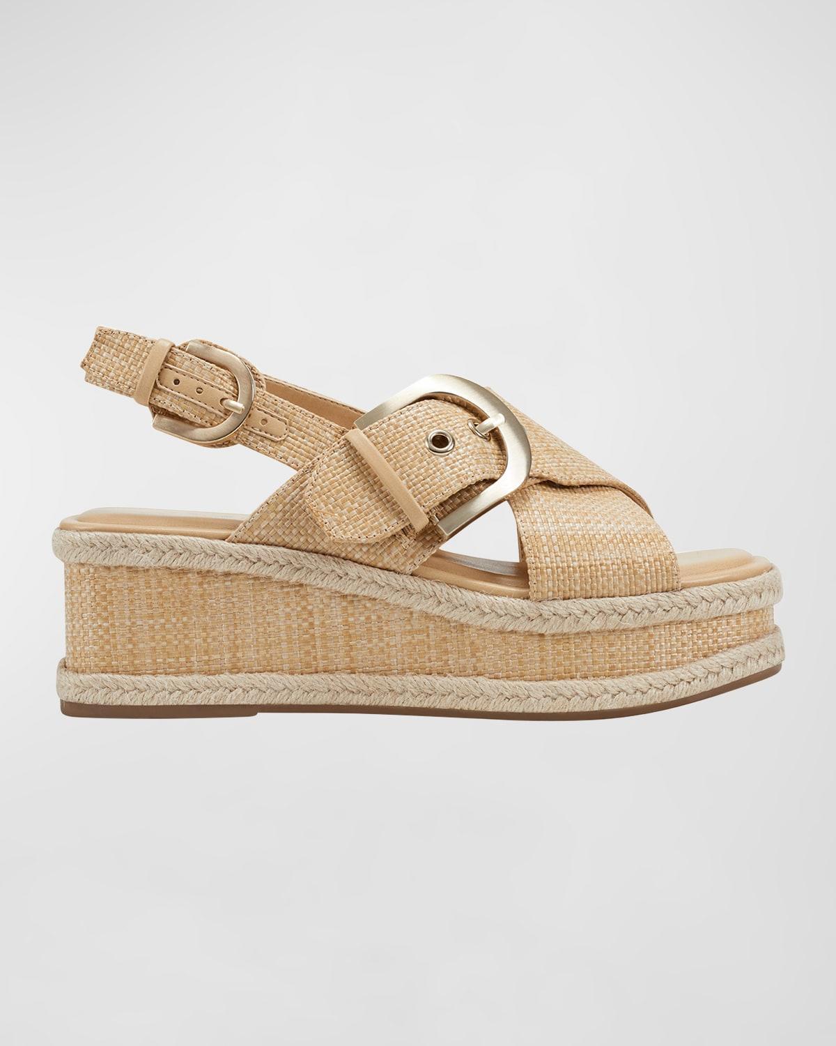 Leather Crisscross Buckle Wedge Sandals Product Image