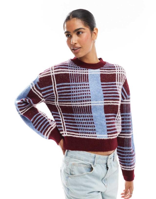 Pull&Bear plaid print knit sweater in blue and burgundy Product Image