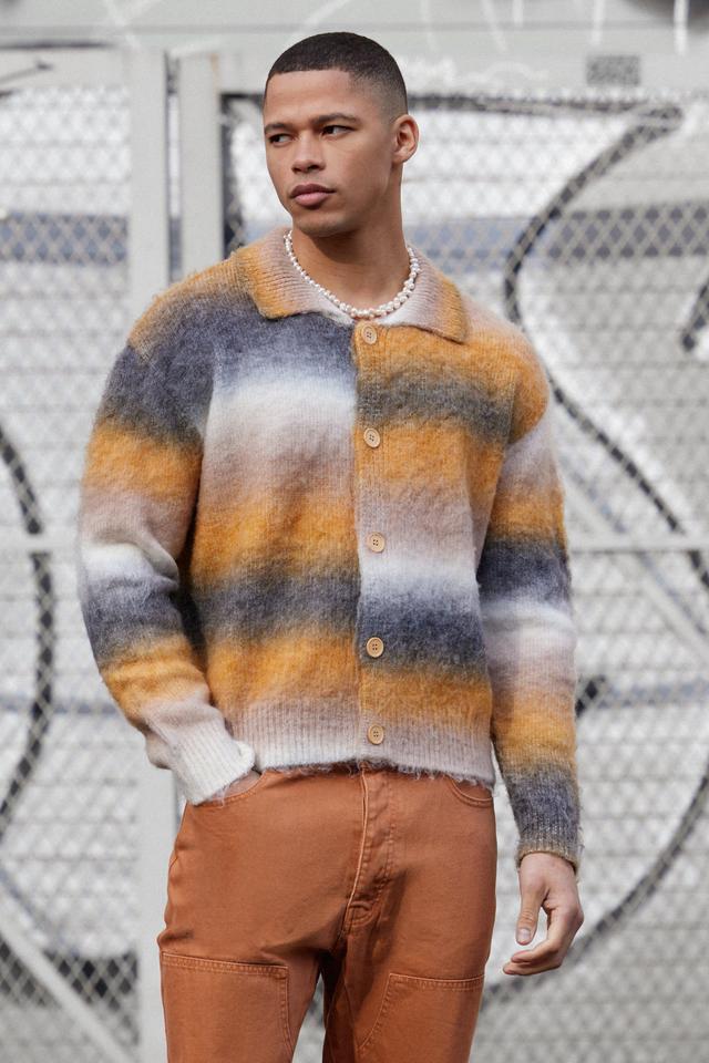 Boxy Knitted Brushed Stripe Shirt In Mustard | boohooMAN USA Product Image