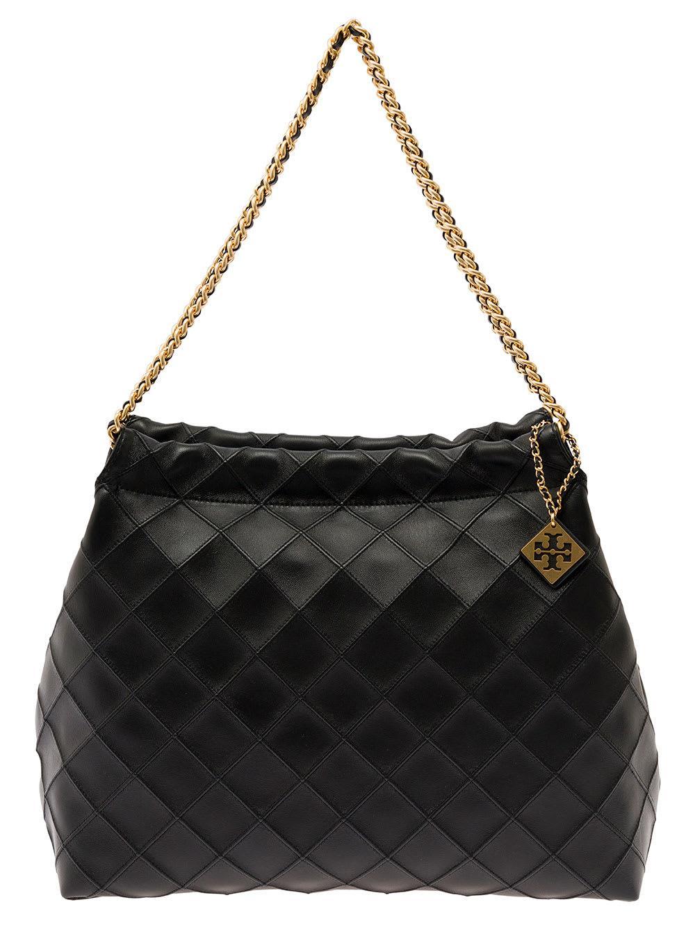 Fleming Black Shoulder Bag With Logo Charm In Quilted Leather Woman Product Image