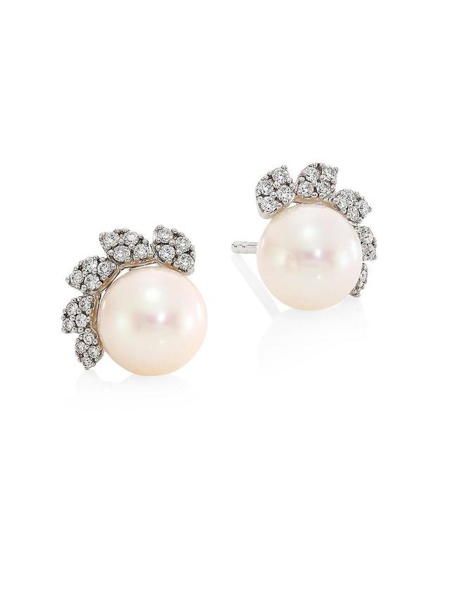 Womens 18K White Gold, Pearl & Diamond Stud Earrings Product Image