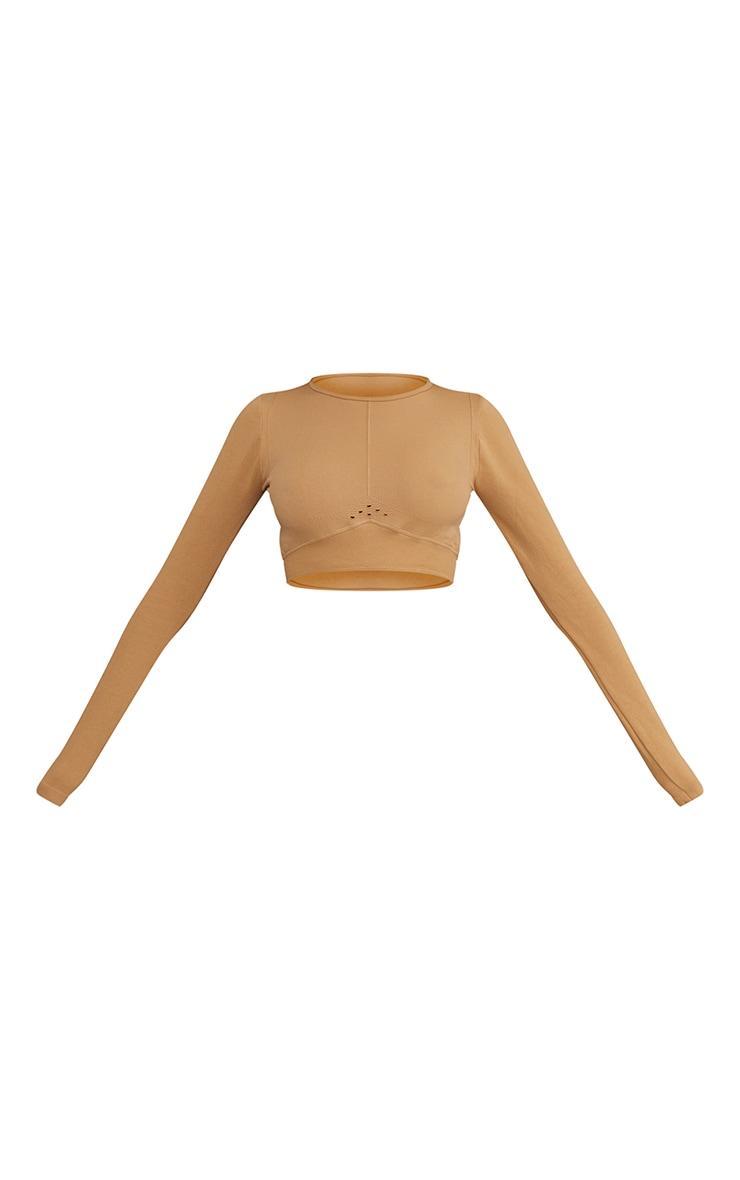 Tan Sport Seamless Dipped Front Long Sleeve Crop Top Product Image