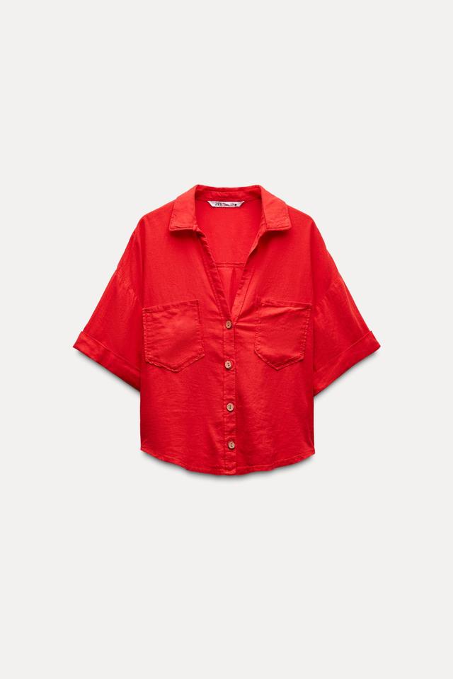 LINEN BLEND CROP SHIRT Product Image