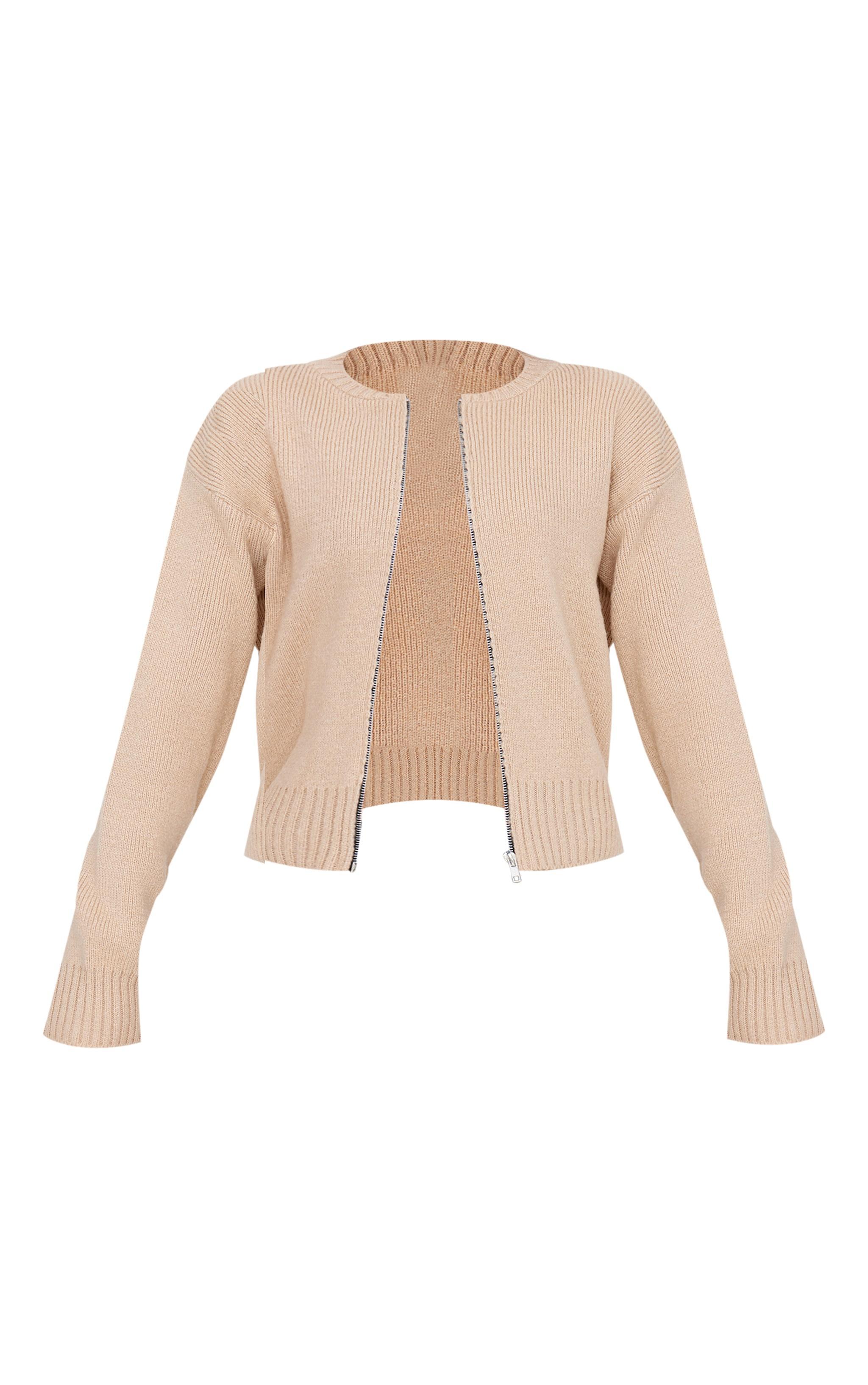 Tall Oatmeal Knitted Zip Up Cardigan Product Image