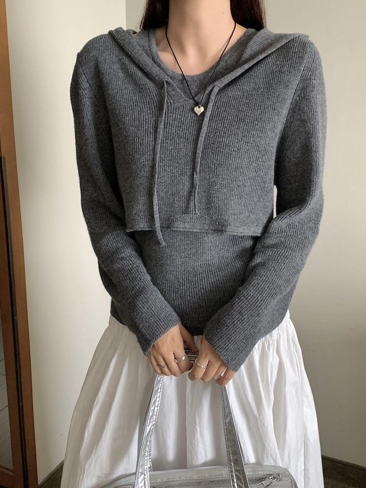 Plain Hooded Ribbed Cropped Sweater / Knit Tank Top / High Waist Maxi A-Line Skirt / Set Product Image