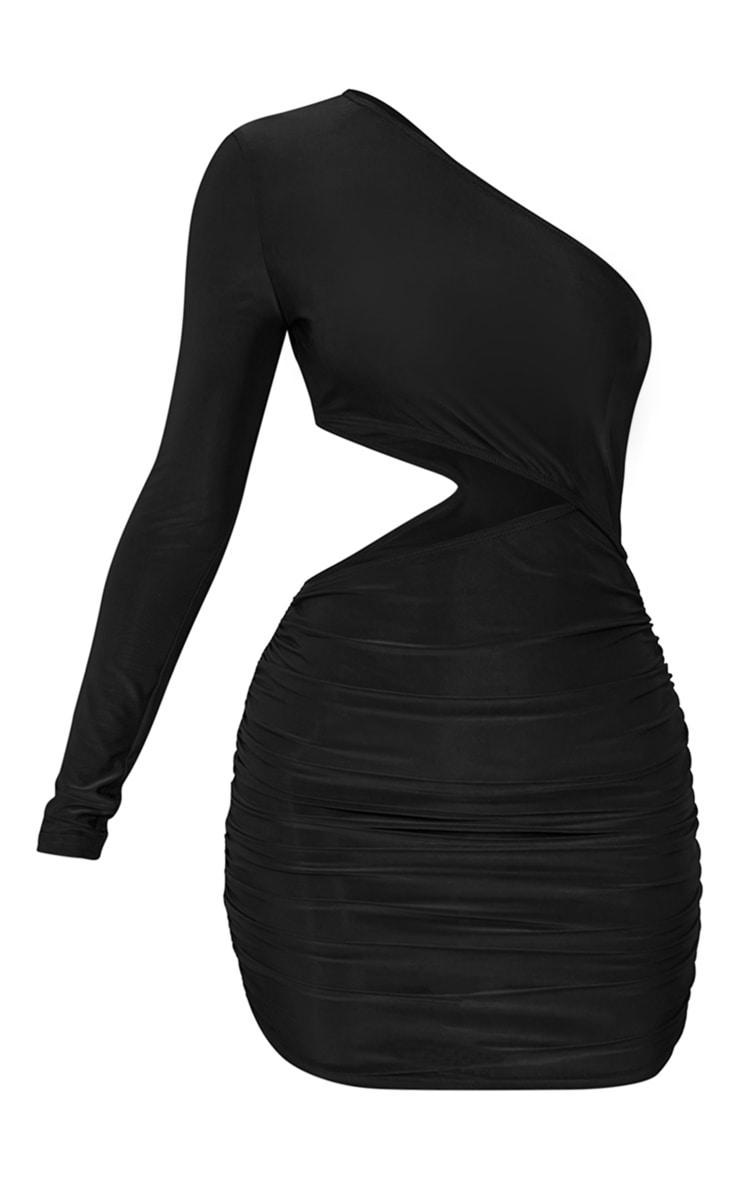 Petite Black Slinky One Shoulder Waist Cut Out Ruched Bodycon Dress Product Image