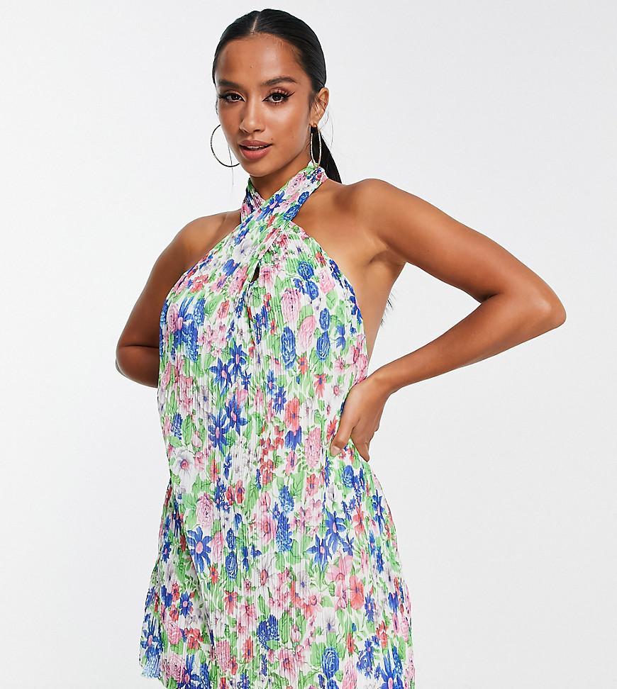 ASOS DESIGN Petite plisse halter mini dress in bright floral print  Product Image