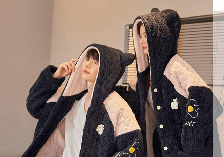 Couple Matching Pajama Set: Cartoon Patterned Hood Coral Fleece Button Jacket + Straight Leg Pants Product Image