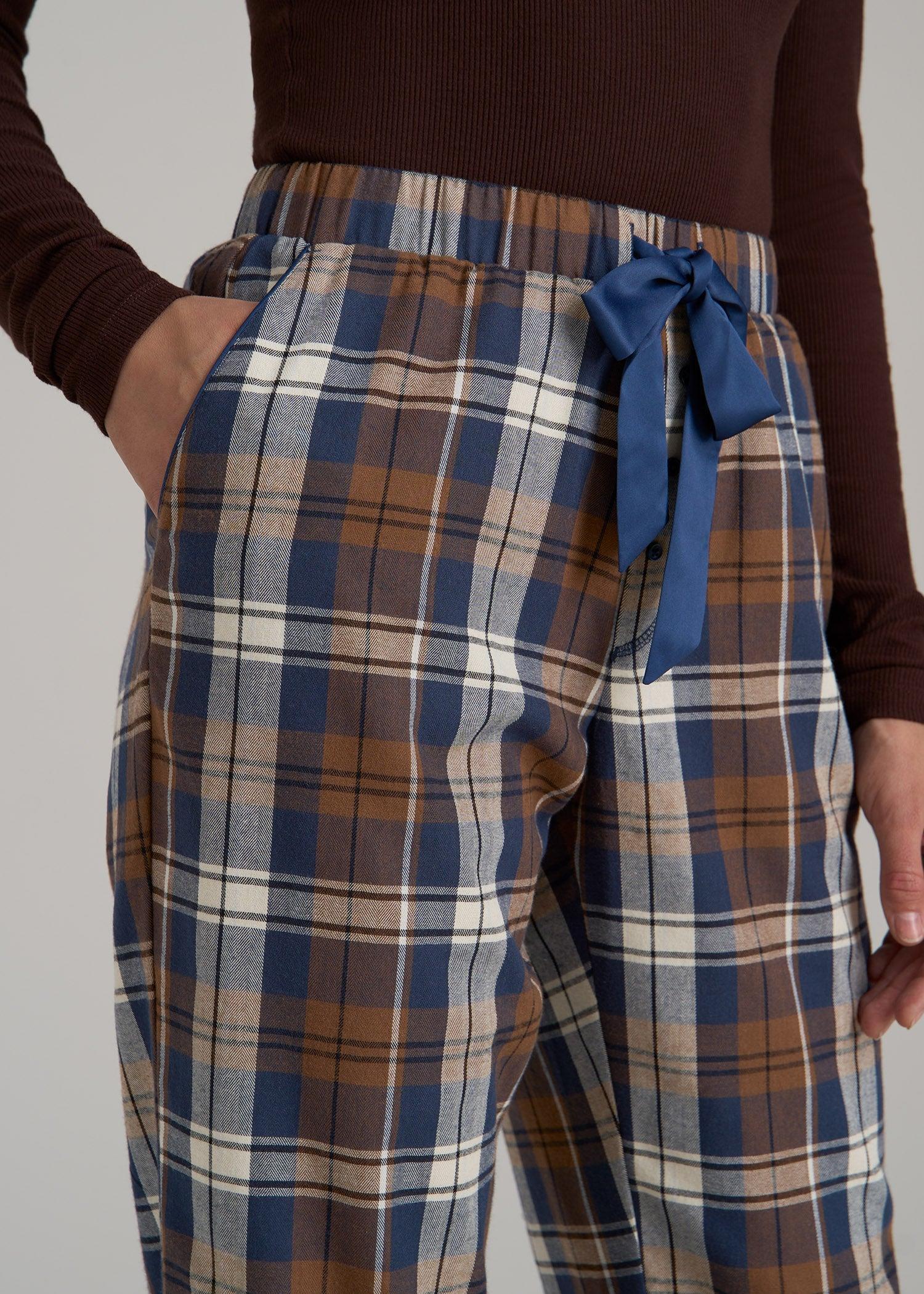 Open-Bottom Flannel Women's Tall Pajama Pants in Brown Blue Plaid Product Image