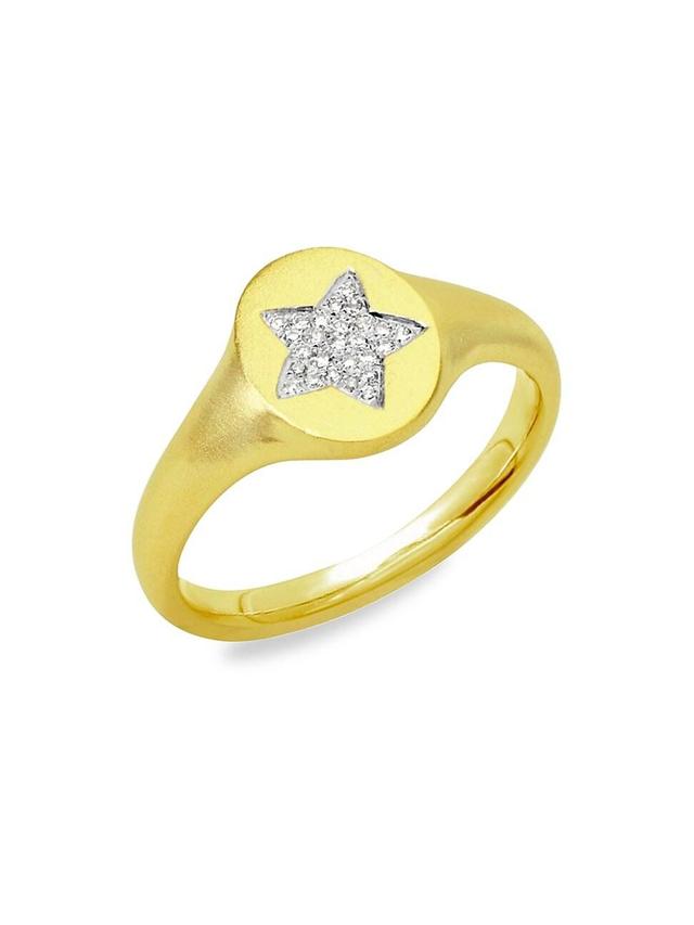 Womens 14K Gold & Diamond Star Signet Ring Product Image