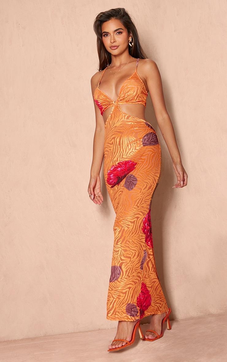  Orange Floral Print Devore Cut Out Maxi Dress Product Image