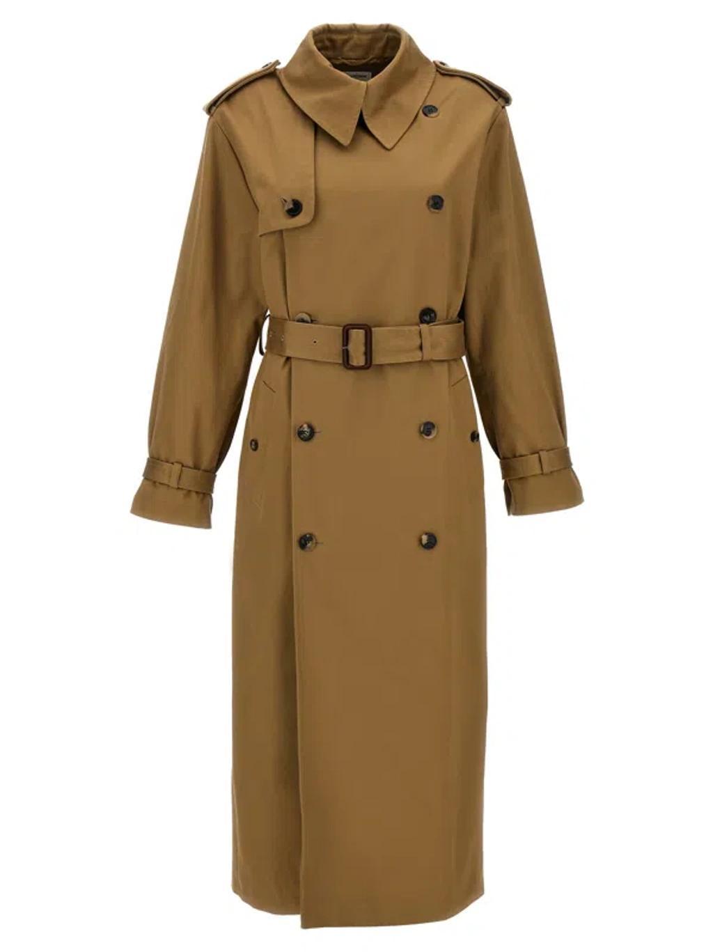 SAINT LAURENT Belted Long Trench Coat In Brown Product Image