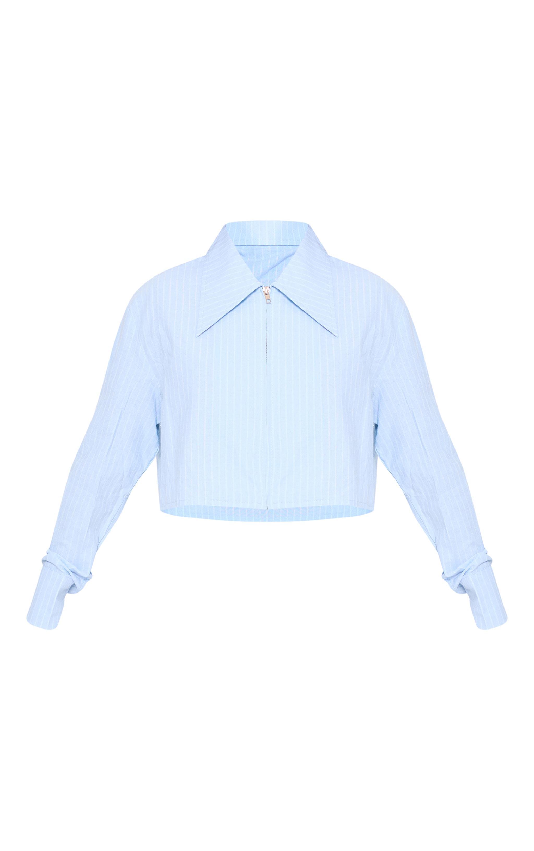 Blue Striped Zip Up Cropped Shirt Product Image